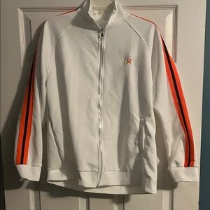 White Track Jacket with Orange Stripes